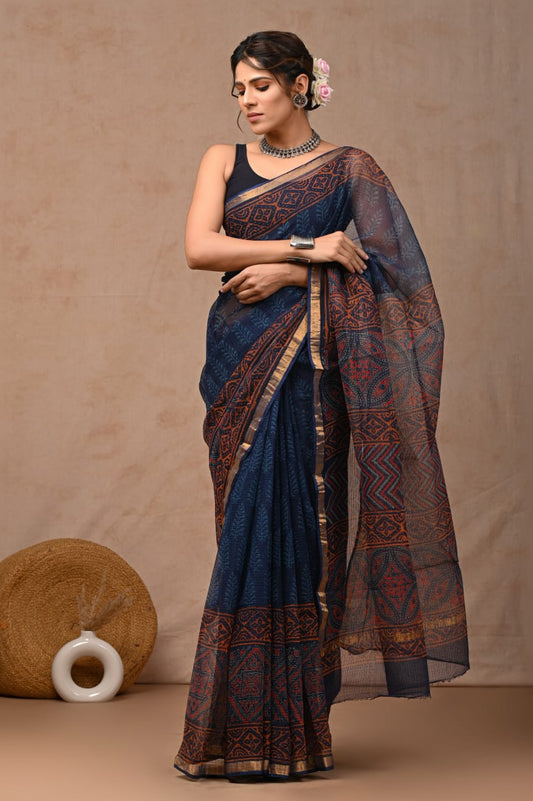 Navy Blue Rust Kota Doriya Saree | Ajrak Hand Block Print | Traditional Ethnic Saree (BSFS50)