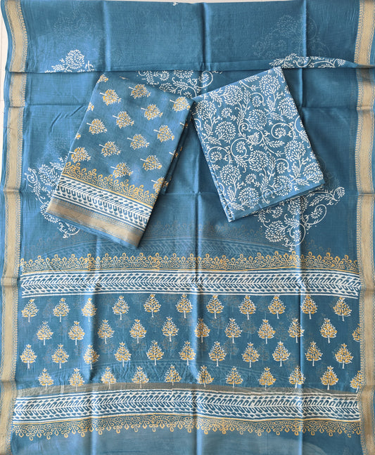 Premium Hand Block Printed Maheshwari Silk Suit(BFMAH88)