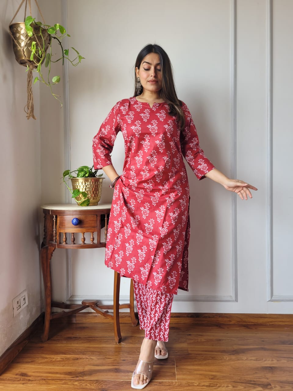 Red Printed Cotton Kurti Pant Set for Women