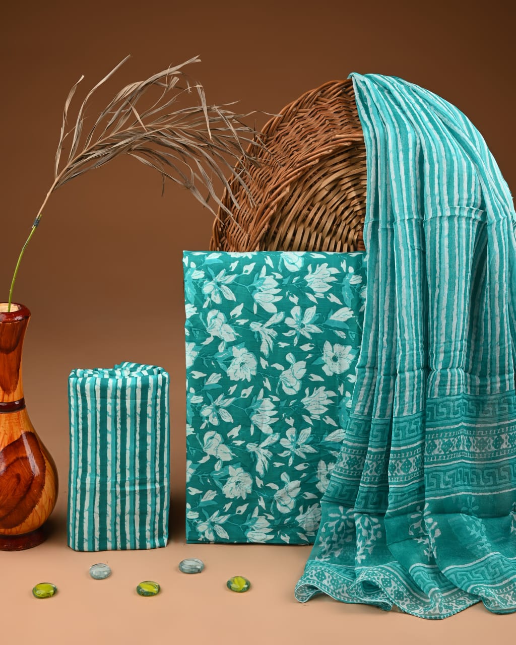 Premium  Hand Block Cotton Suit With Chiffon Dupatta