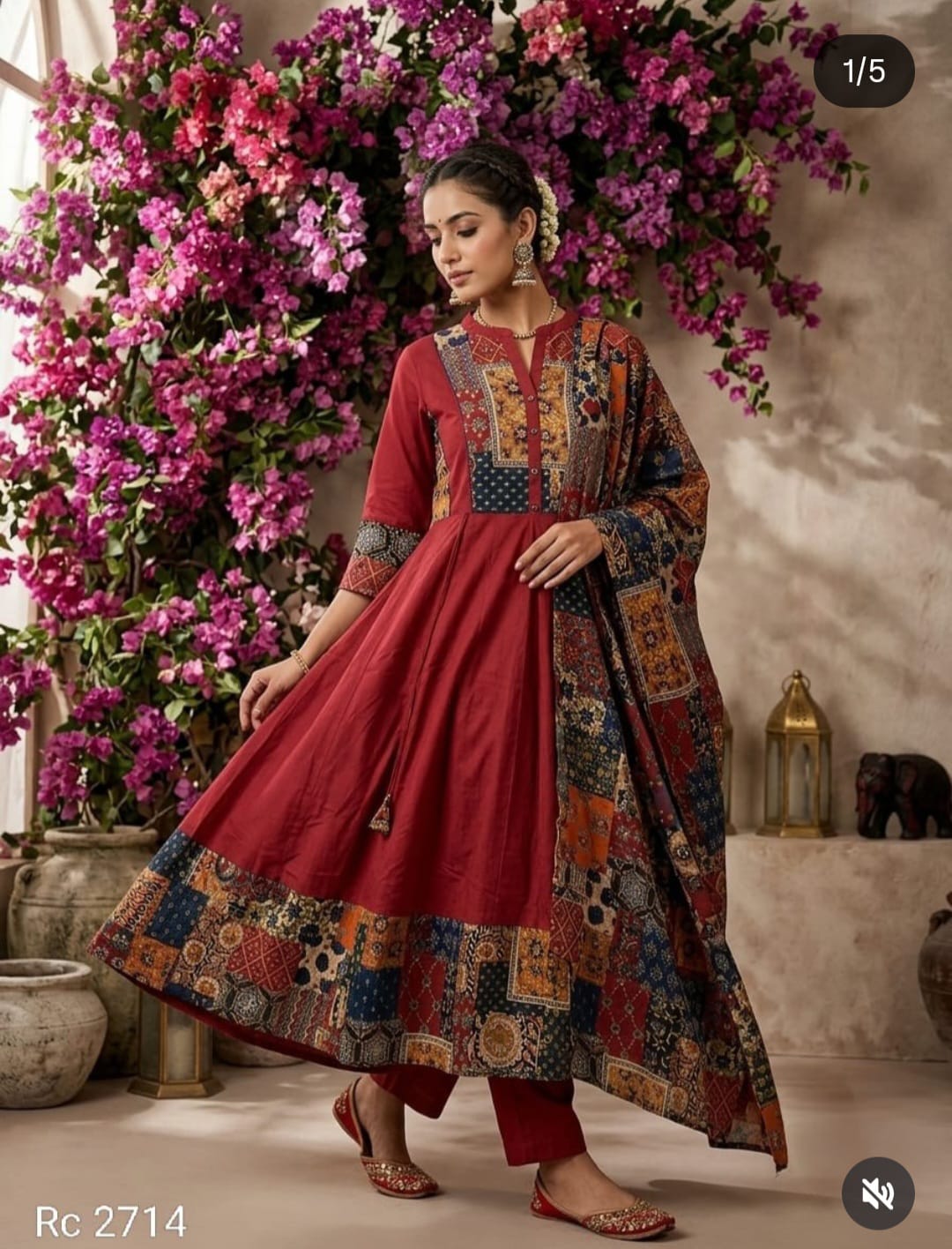 Red Premium Cotton Anarkali Suit for Women | Ajrakh Print Umbrella Flair Kurti with Pant & Dupatta