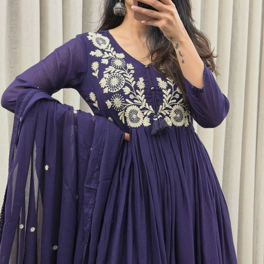 Purple Premium Cotton Anarkali Suit Set with Thread & Mirror Work Embroidery