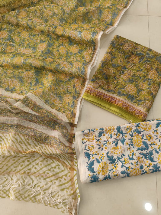 Olive Green Marigold Hand Block Print Kota Doriya Suit  (BFFKO65)