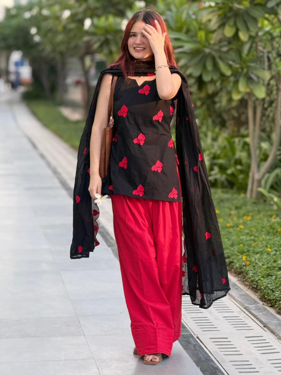 Black & Red Heart Embroidered 3-Piece Suit Set