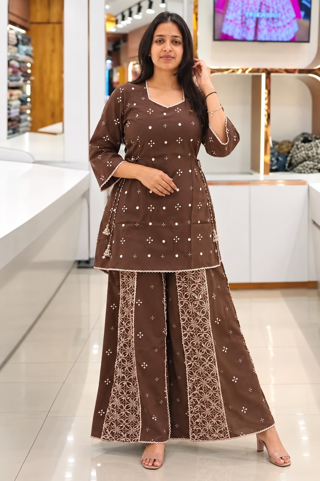 Brown Printed Cotton Co-ord Set | Short Kurti with Sharara Palazzo