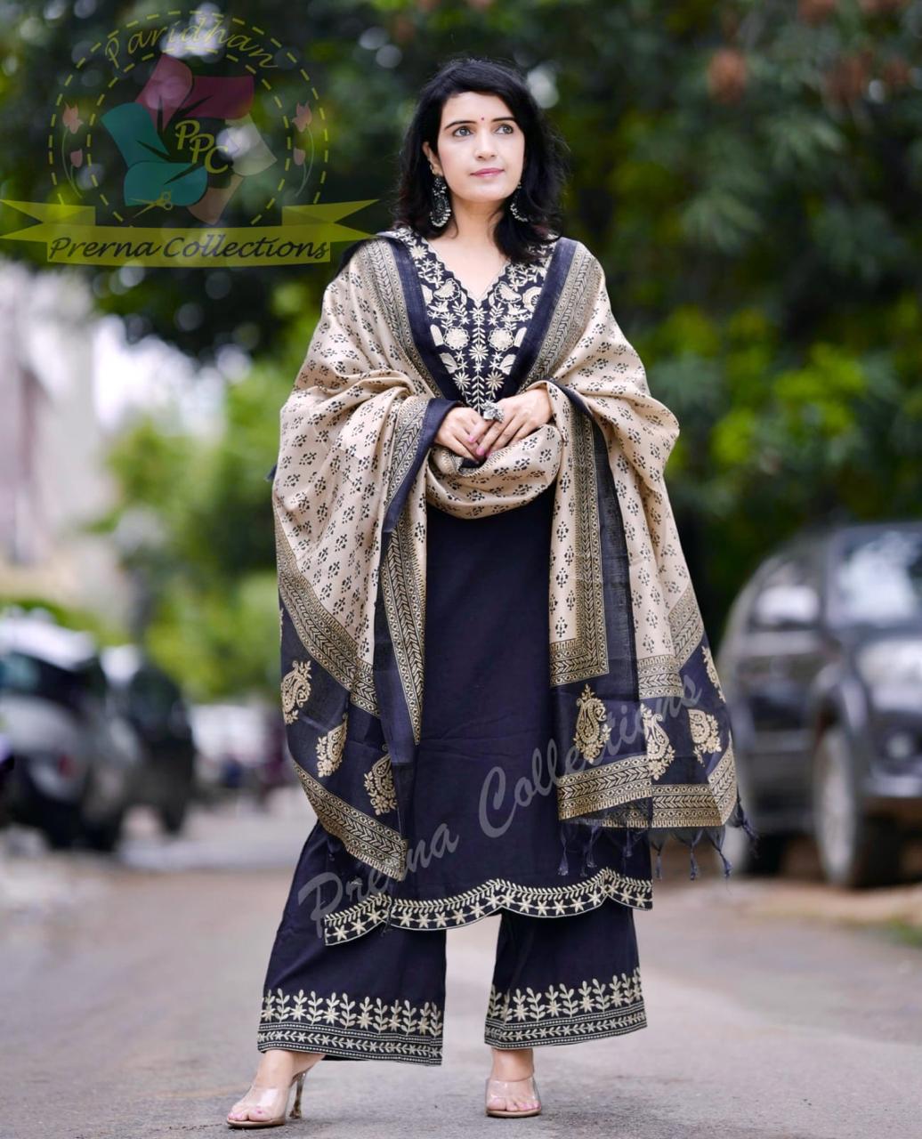 Brown Khadi Cotton Kurti Pant Dupatta Set with Embroidery for Women