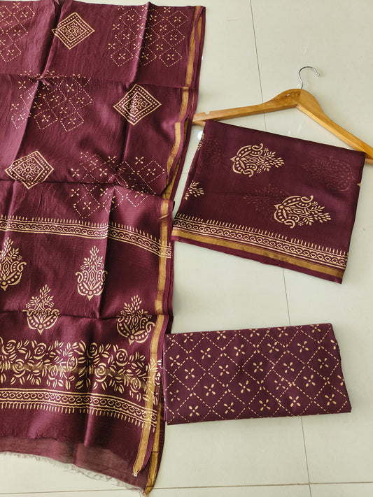 EXCLUSIVE HAND BLOCK CHANDERI SILK SUIT SET WITH CHANDERI DUPATTA