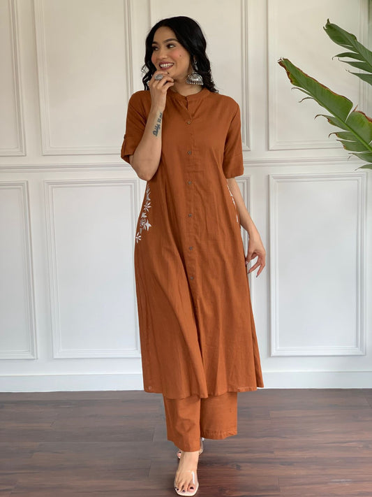 Rust Brown South Cotton Kurta Set with Hand Embroidery | Premium Cotton A-Line Plazo Set