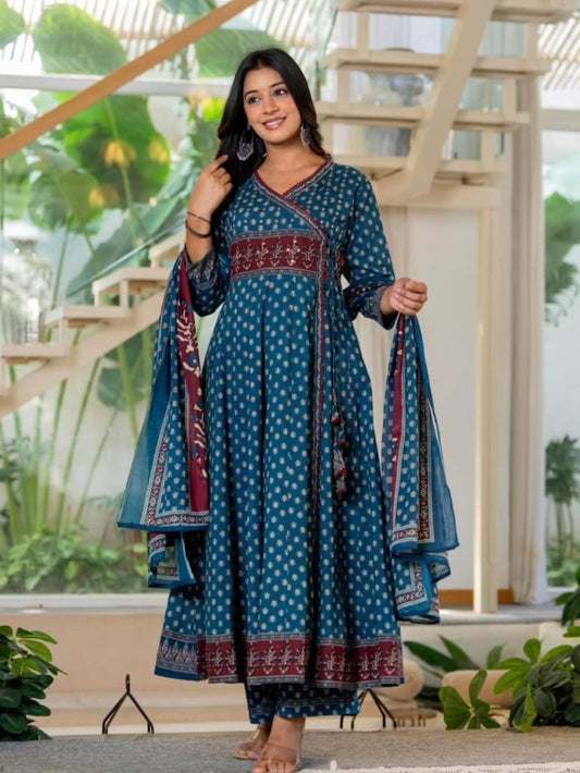 Teal Blue Angrakha Style Cotton Kurta Set with Dupatta