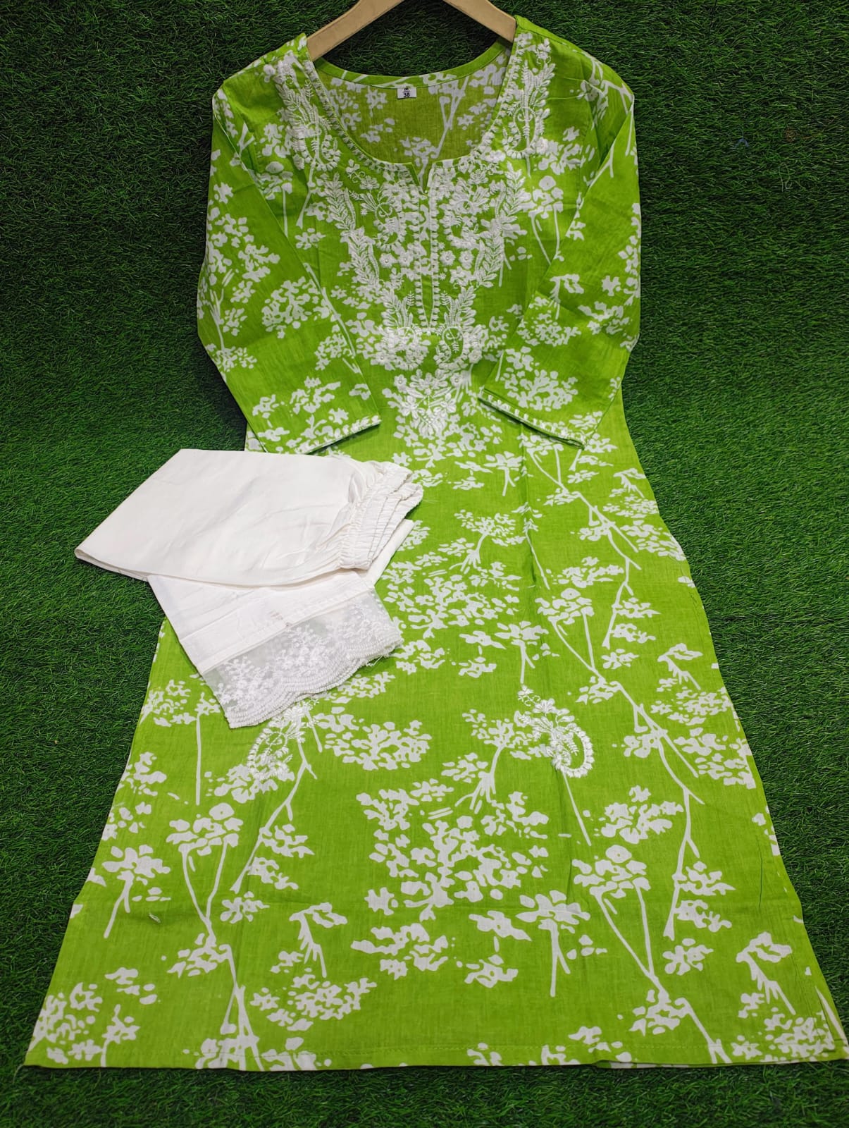 Green Chikankari Cotton Kurti Pant Set | Mulmul Cotton Ethnic Wear for Women