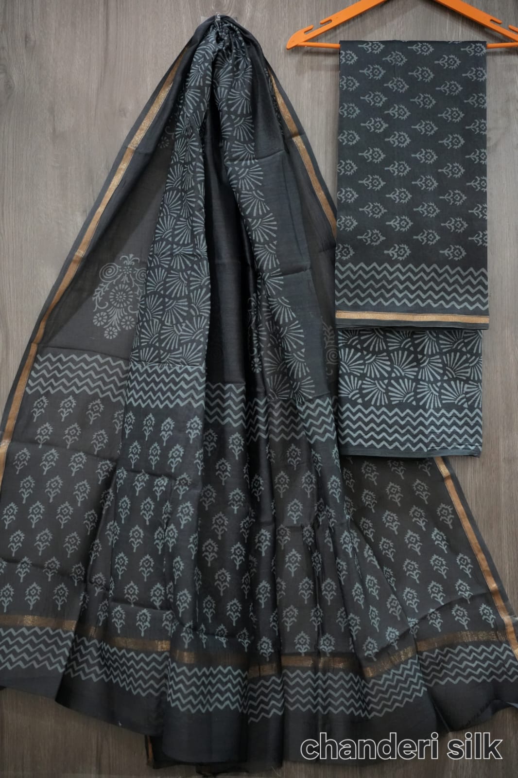 Black & Grey Hand Block Print Chanderi Silk Dress Material  (BFCHS18)