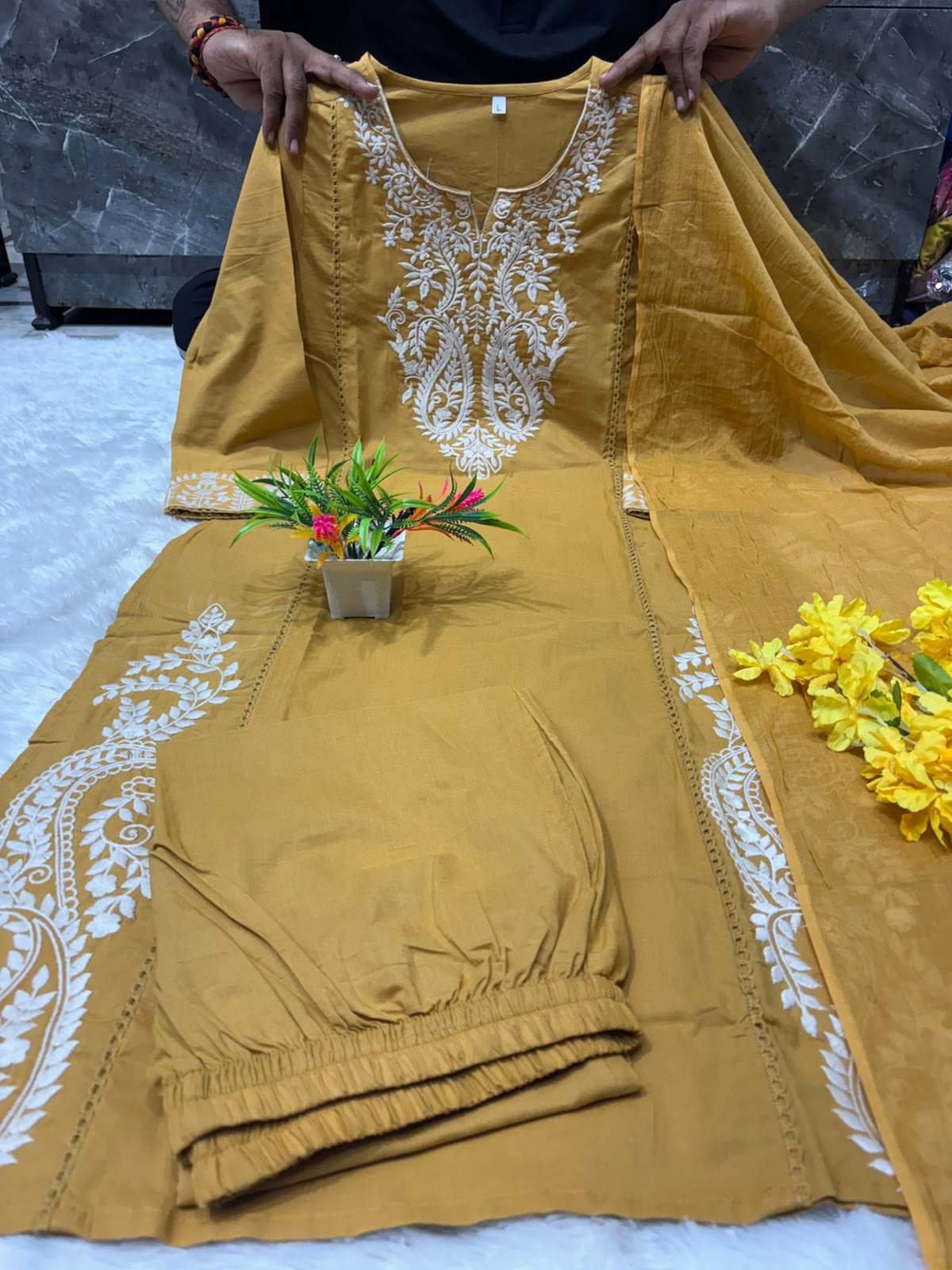 Mustard Embroidered Cotton Kurta Pant Set with Dupatta