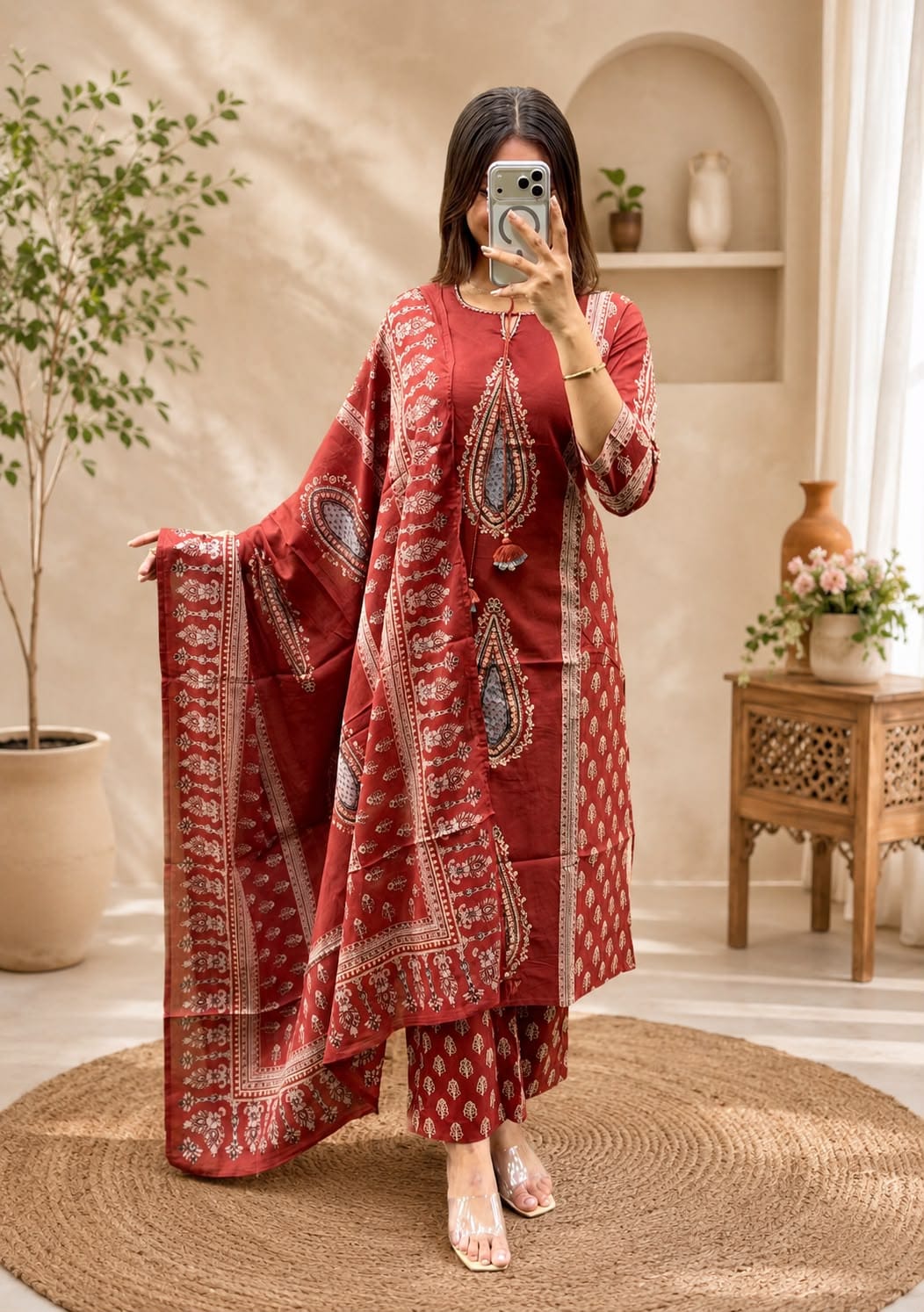 Maroon Cotton Printed Kurti Pant Dupatta Set