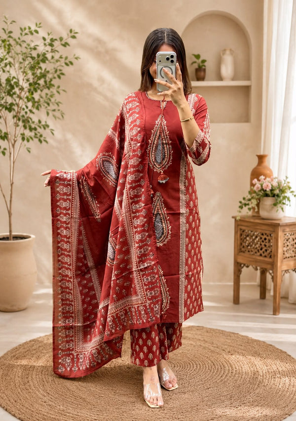 Maroon Cotton Printed Kurti Pant Dupatta Set