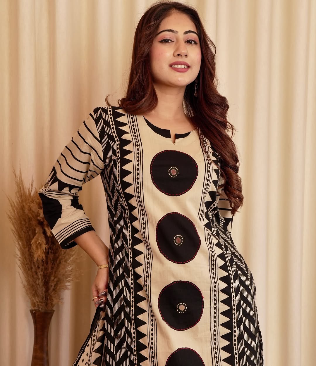 Black Beige Ajrakh Cotton Kurti Pant Dupatta Set for Women