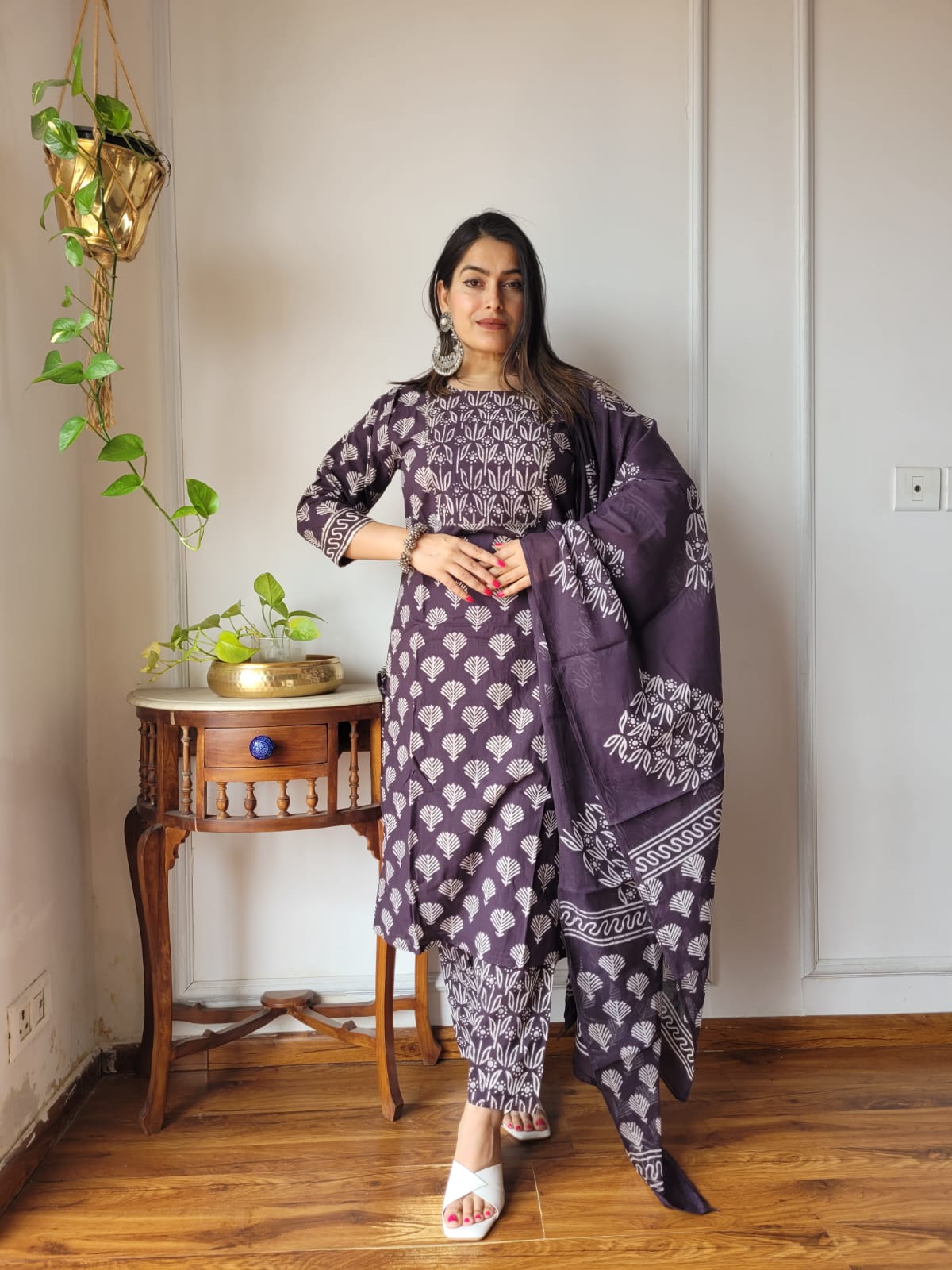 Rust Printed Cotton Suit with Dupatta for Women