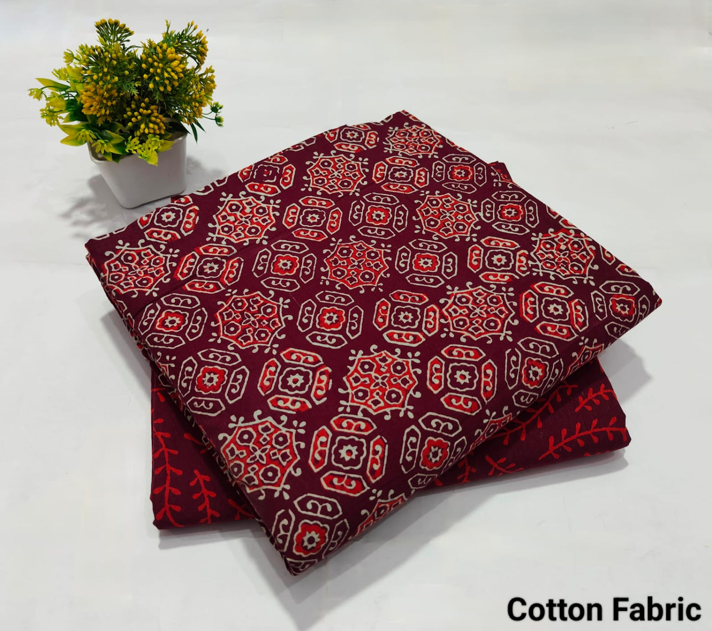 Maroon Ajrakh Printed Cotton Fabric – Ethnic Kurti Dress Material(BFTB102)