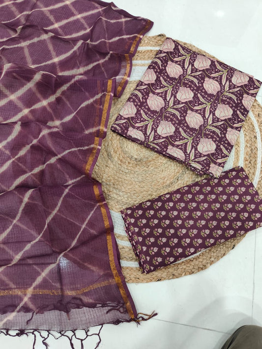 Premium Sanganeri Printed Cotton Suit With Kota Doria Duppta(BFCOTKD40)