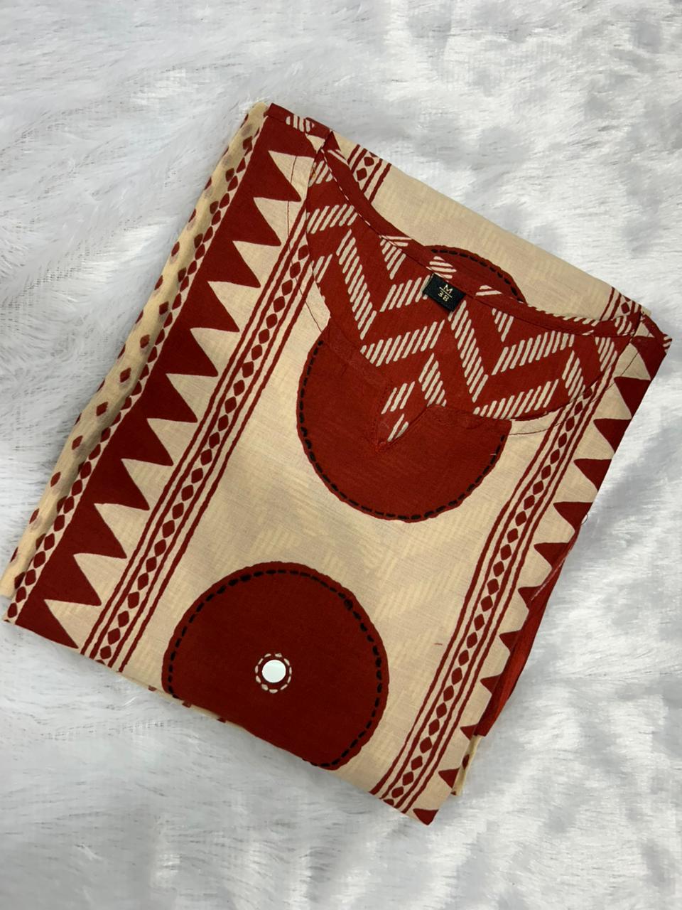Maroon Beige Ajrakh Cotton Kurti Pant Dupatta Set for Women