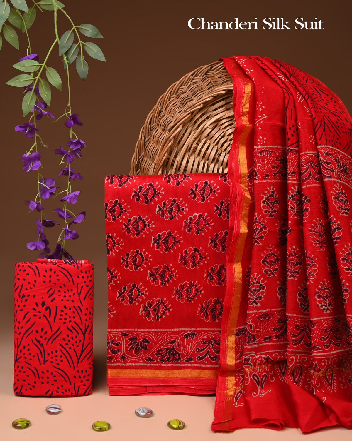 EXCLUSIVE HAND BLOCK CHANDERI SILK SUIT SET WITH CHANDERI DUPATTA