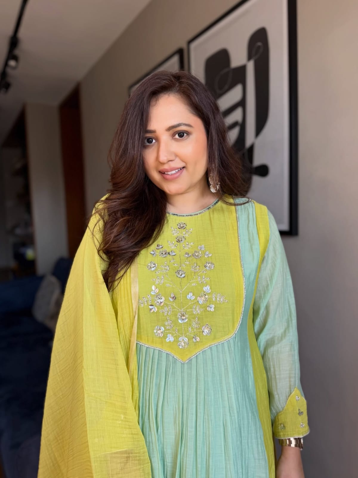 Lime Yellow & Sky Blue Shaded Anarkali Kurta Set for Women