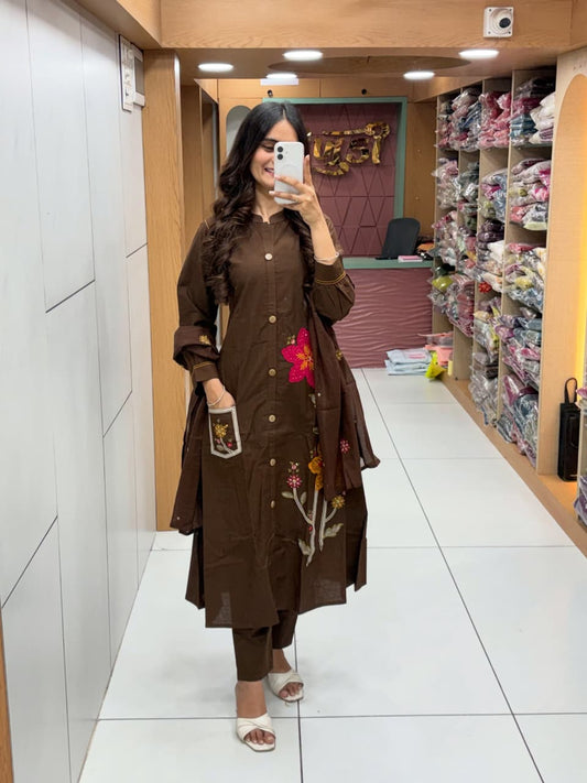 Coffee Brown Cotton Kurta Pant Dupatta Set | Floral Embroidered Ethnic Suit