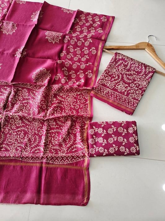 EXCLUSIVE HAND BLOCK CHANDERI SILK SUIT SET WITH CHANDERI DUPATTA