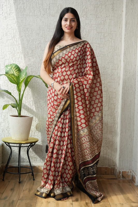 New Designer Hand Block Print Maheshwari Silk Saree (BFMSARE16)