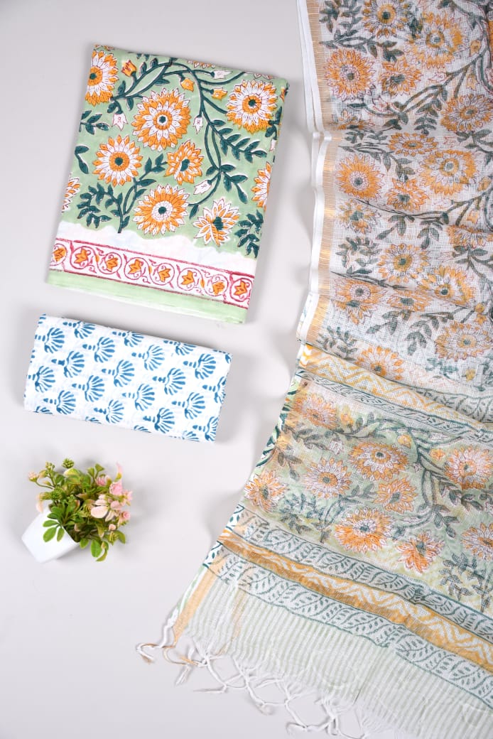 Premium Sanganeri Printed Cotton Suit With Kota Doria Duppta(BFCOTKD33)