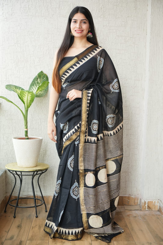 New Designer Hand Block Print Maheshwari Silk Saree (BFMSARE65)
