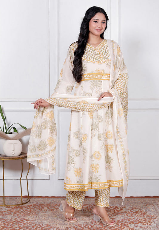 Mustard Yellow Floral Print Premium Cotton Anarkali Suit Set