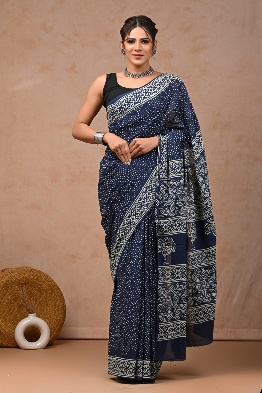 Traditional Authentic Hand Block Printed Pure Organic Cotton Sarees With matching Blouse