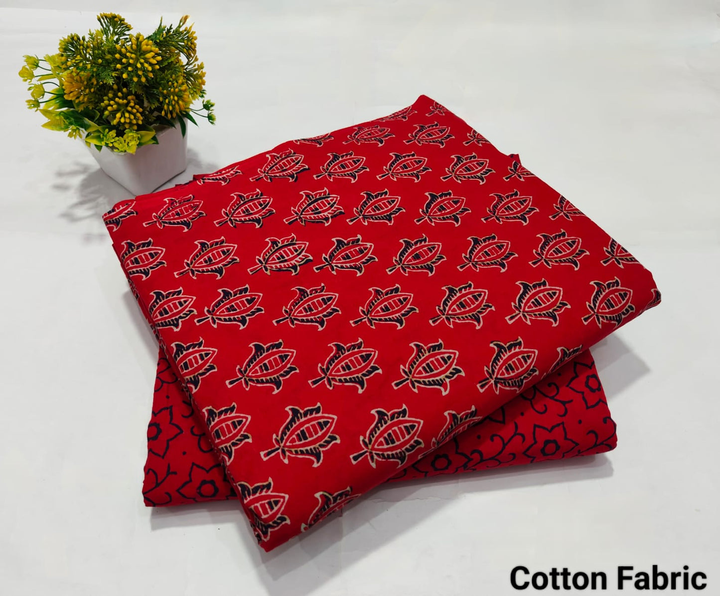 Red & Black Leaf Printed Cotton Fabric – Stylish Kurti Dress Material(BFTB109)
