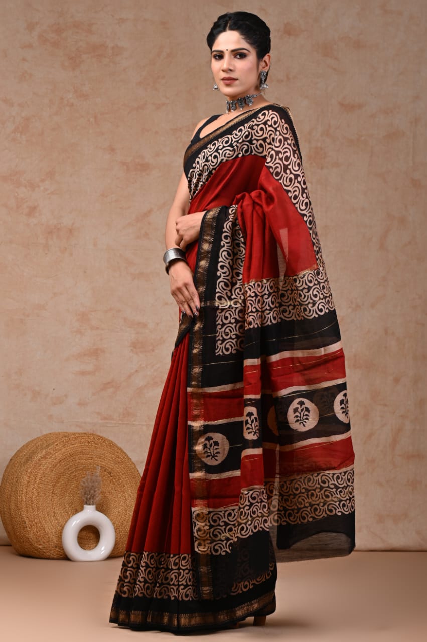 New Designer Hand Block Print Maheshwari Silk Saree (BFMSARE43)