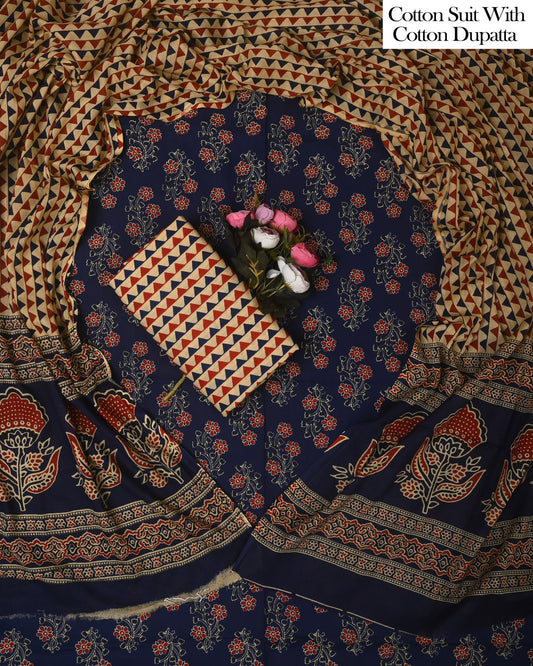 Exclusive Hand Block Cotton Suit With Cotton Dupatta(BFCOT156)