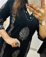 Launching Designer Kurti Pant Set  in *Cotton Fabric* with  beautiful *Block print sequin moti and  thread detailing Work*  giving perfect smart and Mesmerizing look