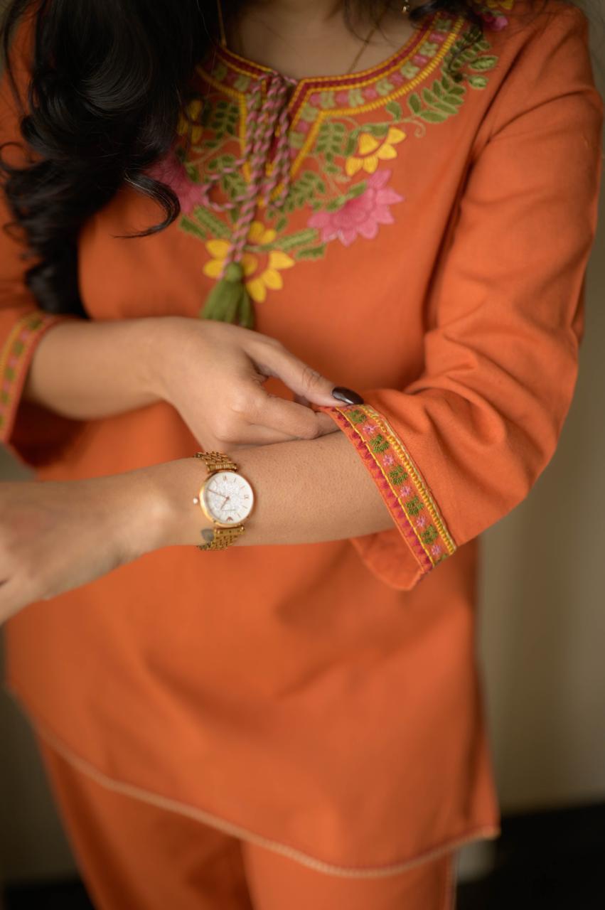 Rust Orange Embroidered Kurta Pant Set for Women – Stylish Ethnic Co-ord Outfit