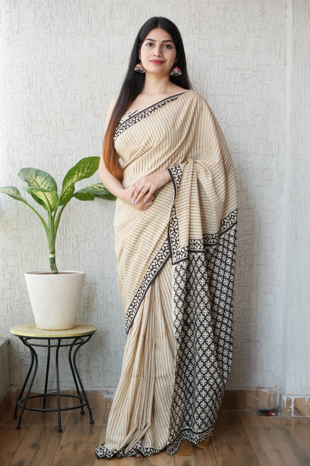 Beige Striped Cotton Saree – Soft Cotton Saree for Women (BFCS15)