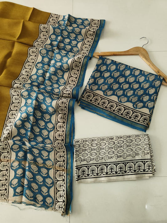 EXCLUSIVE HAND BLOCK CHANDERI SILK SUIT SET WITH CHANDERI DUPATTA