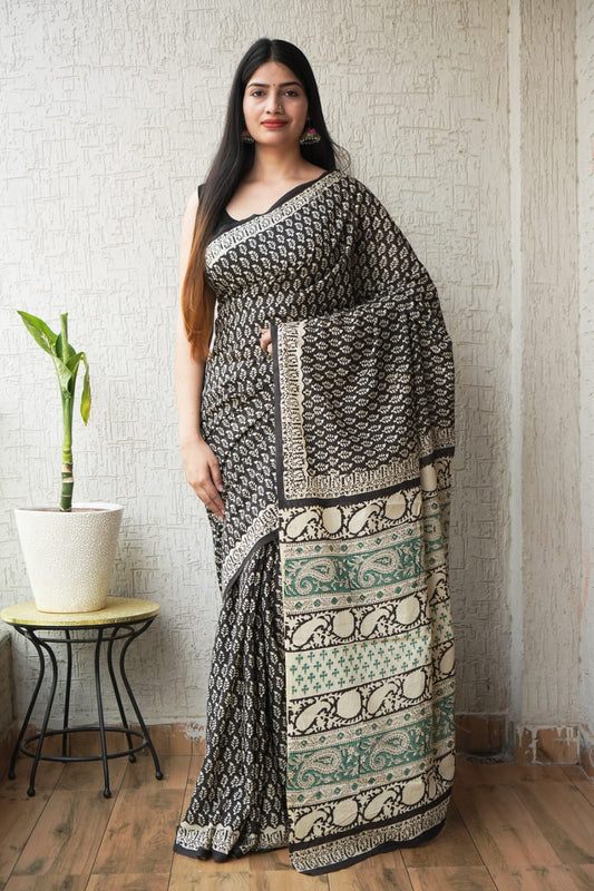 Black Hand Block Printed Cotton Saree with Blouse  (BFCS72)