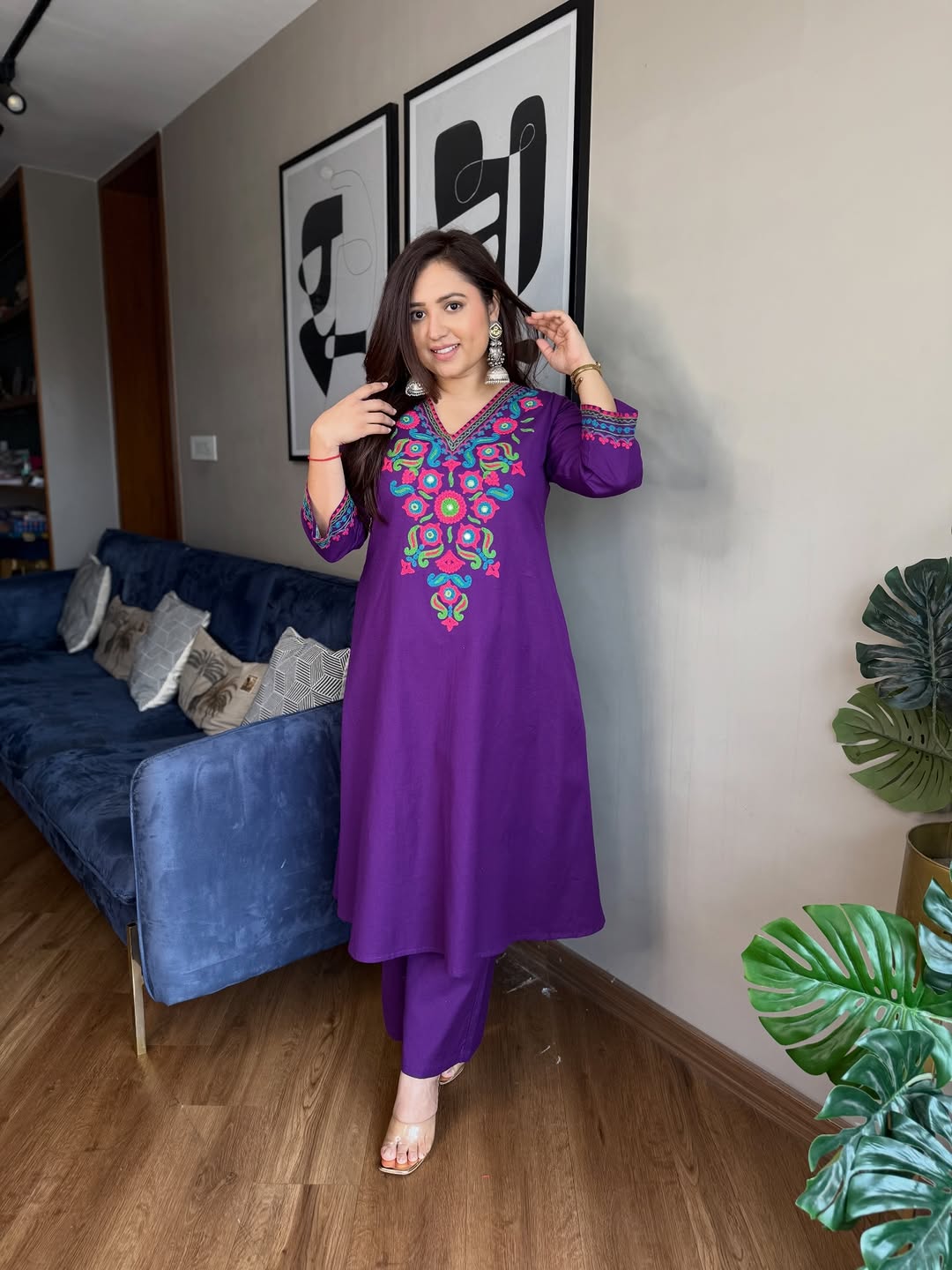 Purple Cotton Slub Kurta Palazzo Set for Women | A-Line Aari Work Embroidered Kurti with Pockets