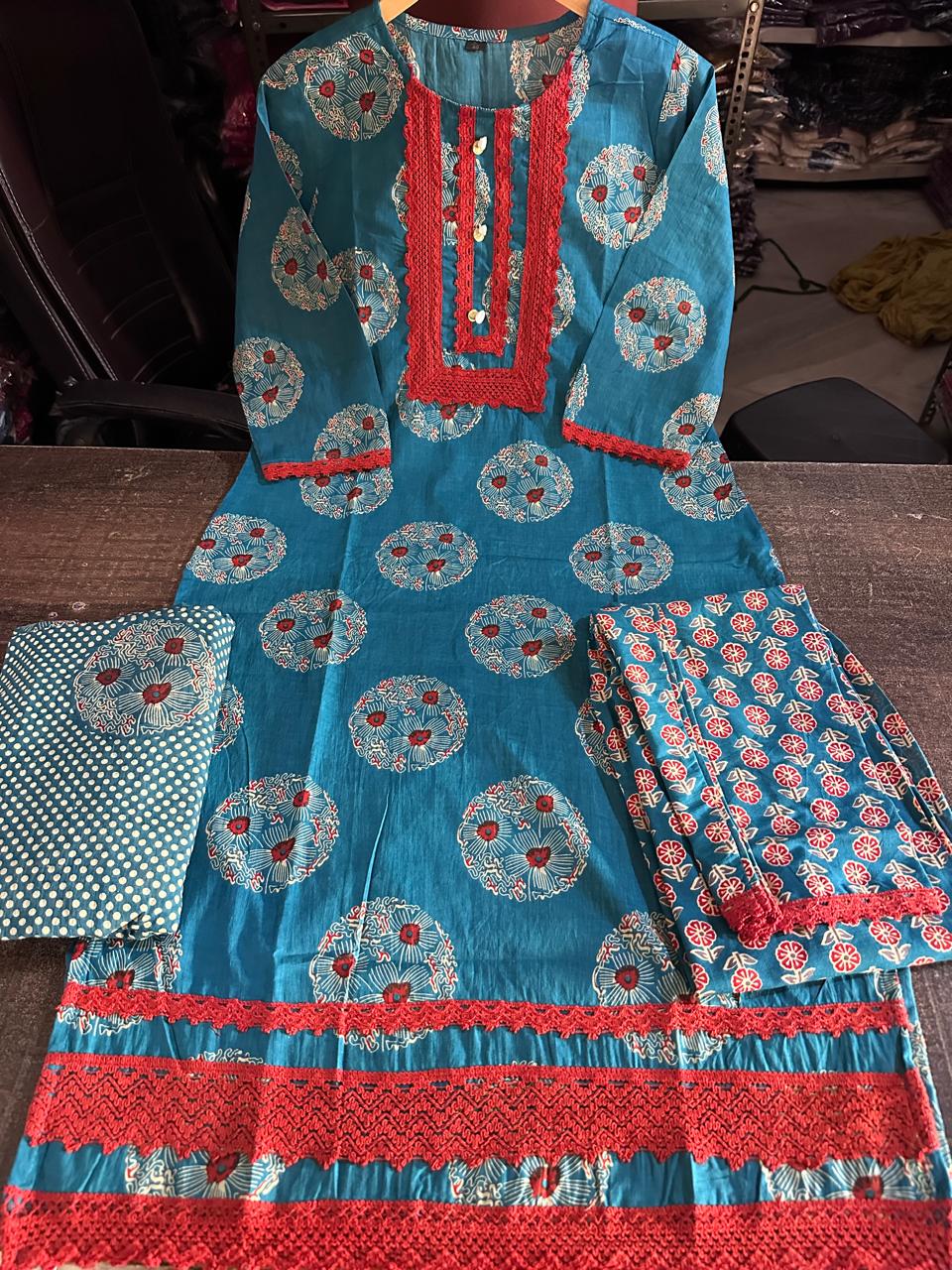 Teal Green Floral Digital Print Cotton Suit Set for Women