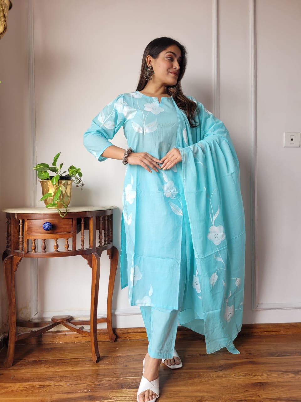 Sky Blue Floral Cotton Suit with Cotton Dupatta