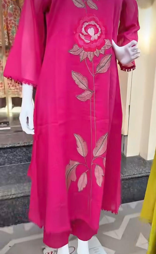 Pink Cotton A-Line Kurti with Rose Embroidery & Mirror Work