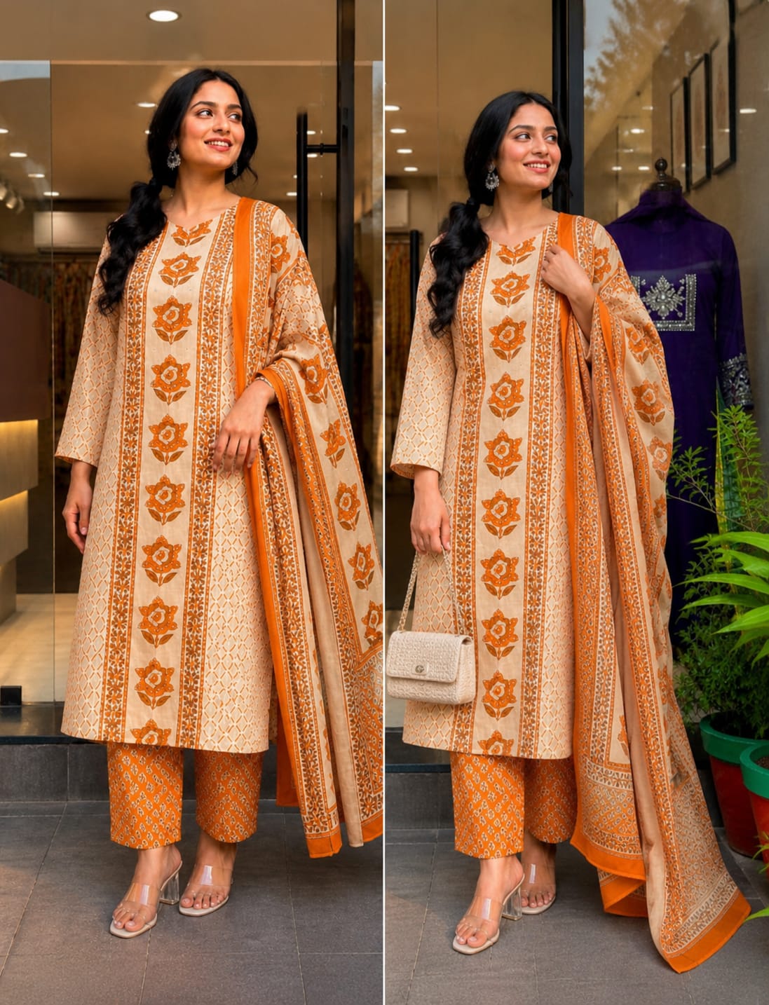 Beige & Orange Floral Print Cotton Kurti Set with Sequence Work