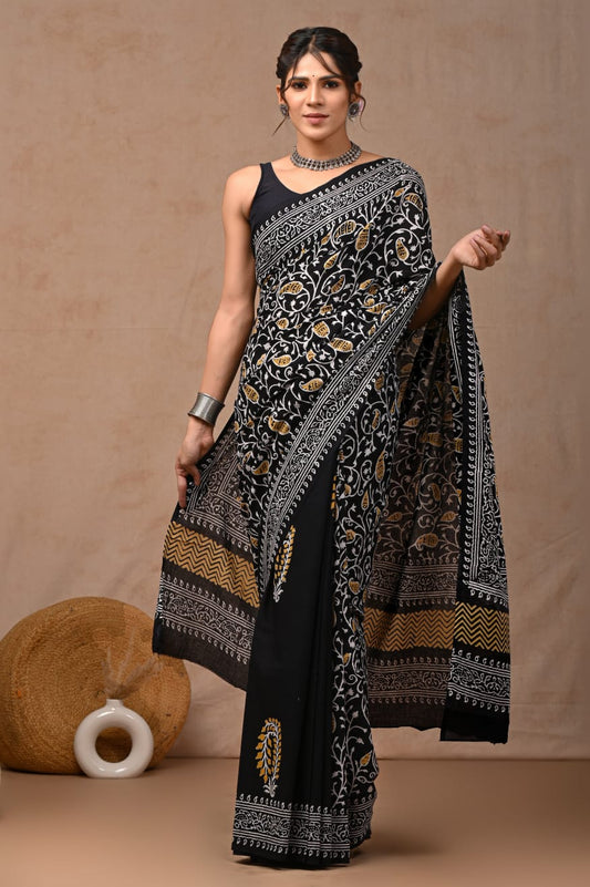 Black Hand Block Printed Cotton Saree with Blouse (BFCS88)