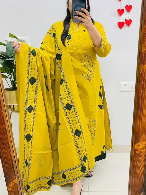 Yellow Cotton Kurti Pant Dupatta Set |