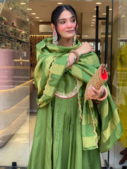 Featuring Beautiful Suit Sets in Pure Mul Chanderi Top with pent, And Banarasi Jequard Duppata it is beautifully decorated desgins With Embroidery Sequence Full Nack