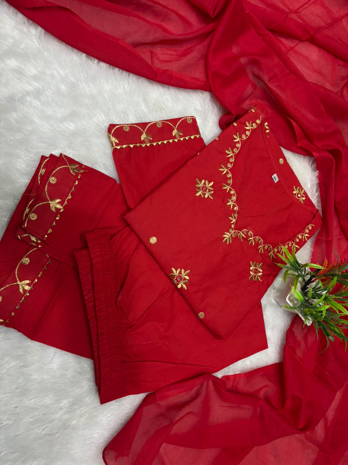 Red Embroidered Cotton Kurta Palazzo Set with Dupatta