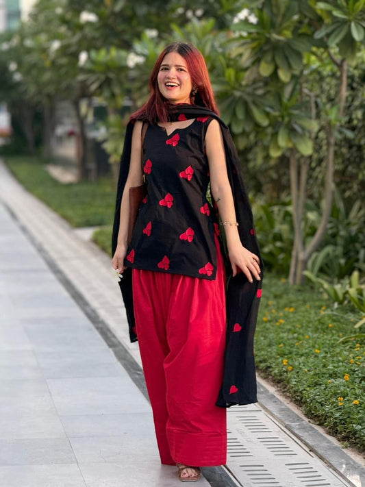 Black & Red Heart Embroidered 3-Piece Suit Set